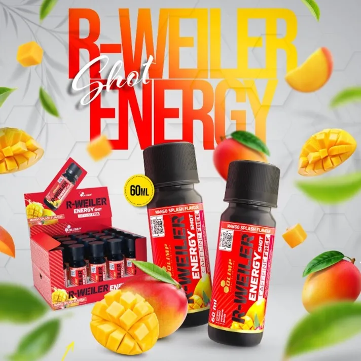 Olimp R-Weiler Energy Shot 60ml mango splash flavour, a caffeine-free energy supplement drink in a small bottle, with vibrant red and yellow packaging and mango imagery.