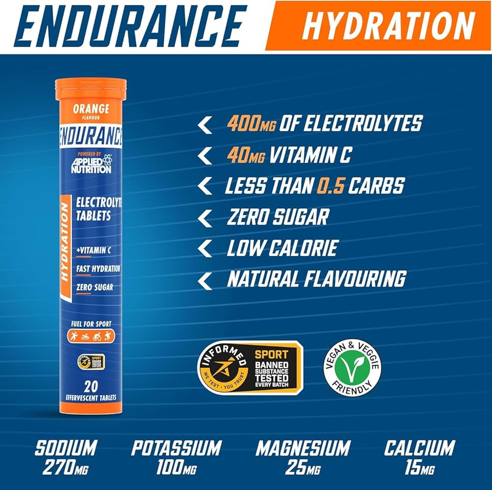 Applied Nutrition Endurance Hydration Zero orange flavour electrolyte tablets, 20 effervescent tabs per tube, with vitamin C, zero sugar, low calorie, vegan friendly, and tested for banned substances.