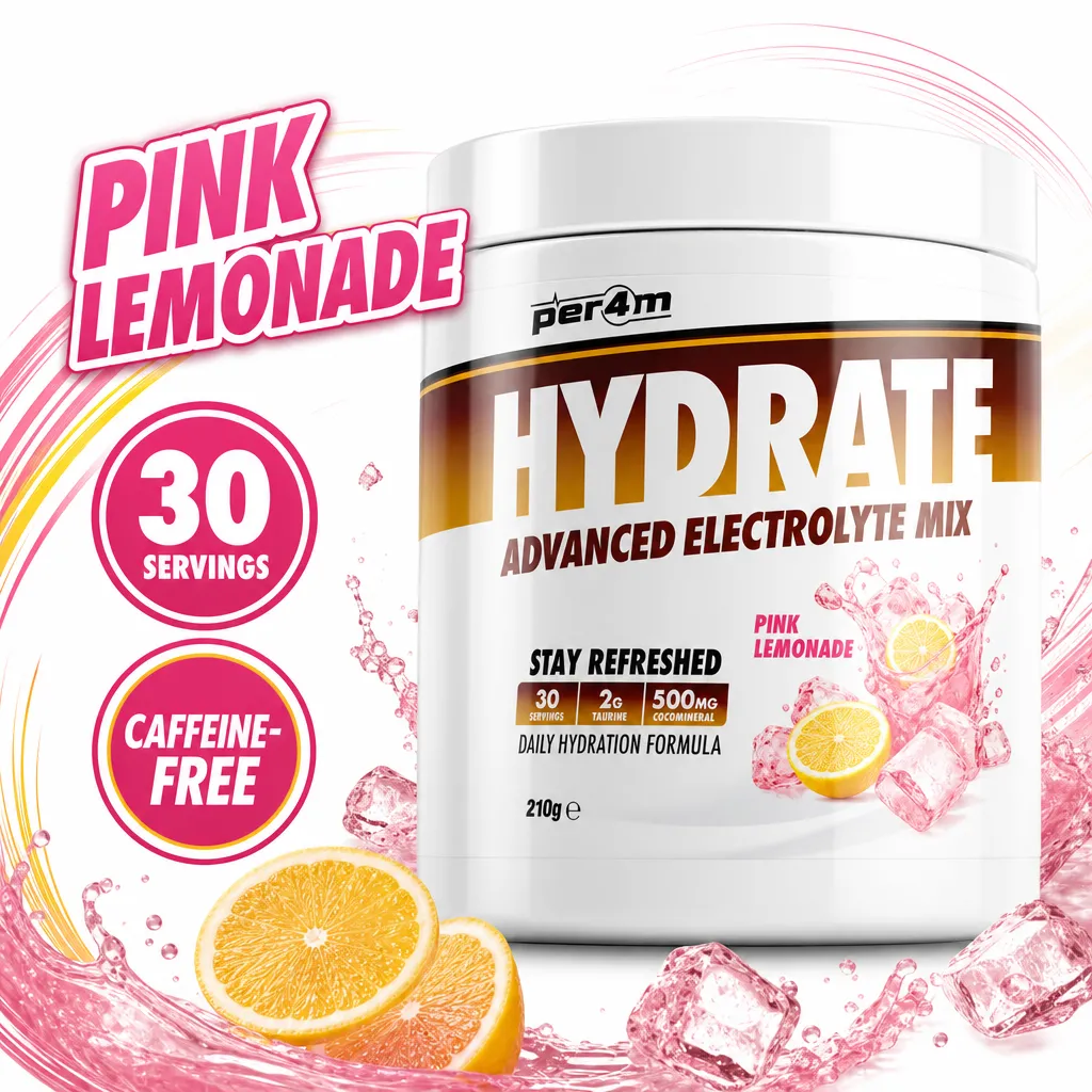 Per4m Hydrate Advanced Electrolyte Mix, pink lemonade flavour, 30 servings and 210g caffeine-free electrolyte powder