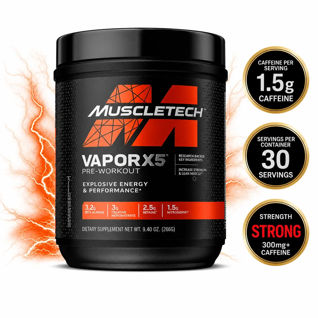 MuscleTech Vapor X5 Next Gen pre-workout powder in a black tub, 30 servings and 266 g net weight