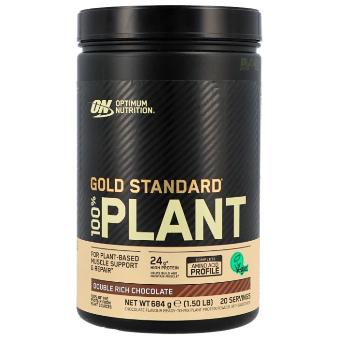 Optimum Nutrition Gold Standard 100% Plant vegan protein powder, Double Rich Chocolate flavour, 684g tub, plant-based protein supplement with 24g protein per serving.