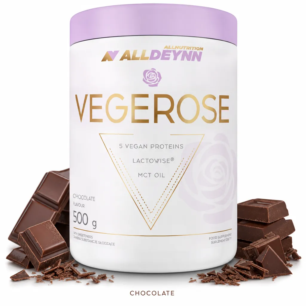 Allnutrition ALLDEYNN Vegerose 500g chocolate flavour plant-based protein powder with five vegan protein sources, LactoWise synbiotic, and MCT oil in a white tub with a purple lid, surrounded by chocolate pieces.