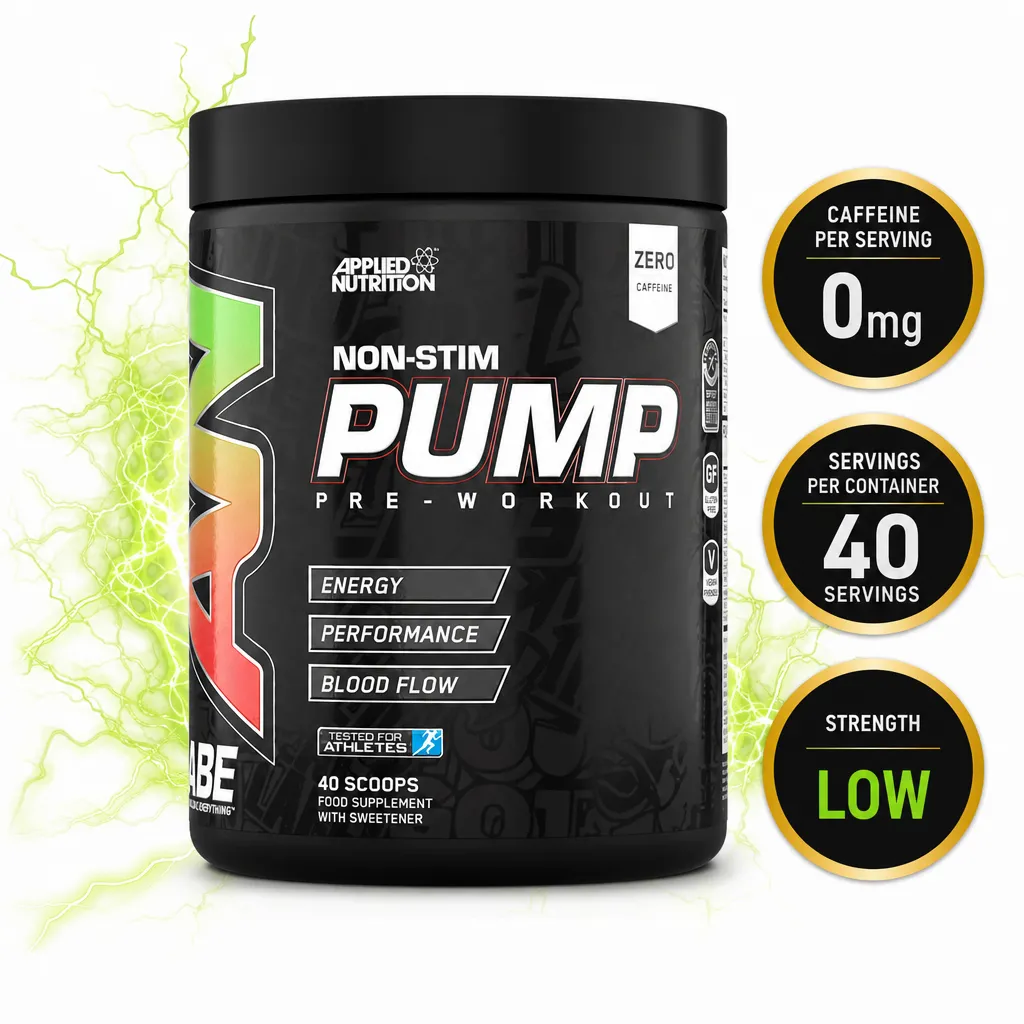 Applied Nutrition ABE Pump 500g stimulant-free pre-workout powder in a black tub, with 40 servings and zero caffeine.