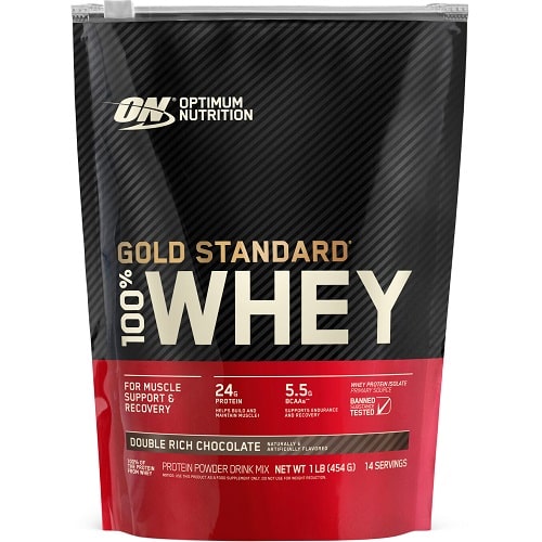Optimum Nutrition Gold Standard 100% Whey 454g Double Rich Chocolate protein powder, a whey protein supplement for muscle support and recovery, in a black and red pouch.