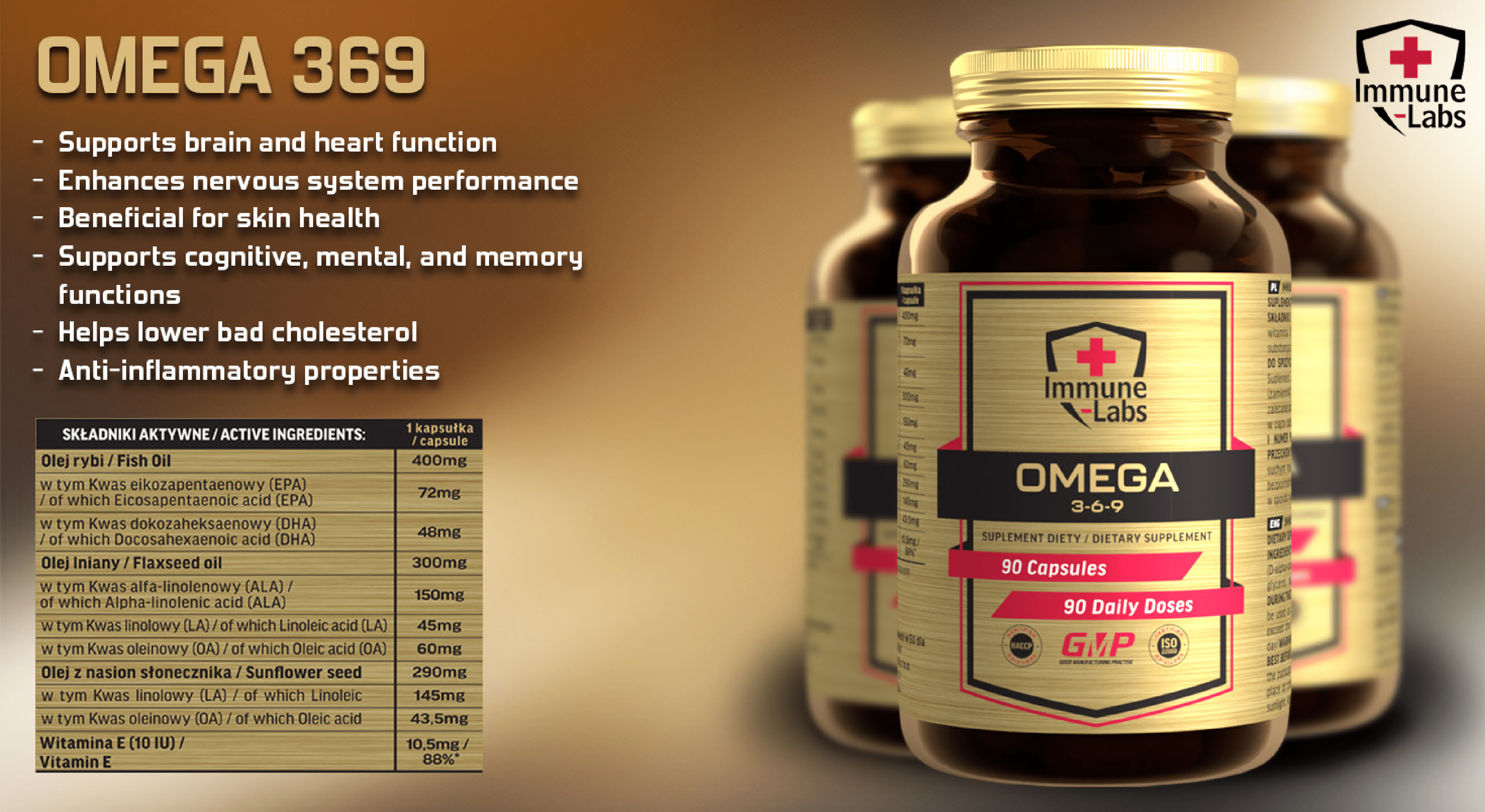 Immune Labs Omega 3-6-9 dietary supplement, 90 capsules, containing fish oil, flaxseed oil, sunflower seed oil, and vitamin E, designed to support brain, heart, and skin health.