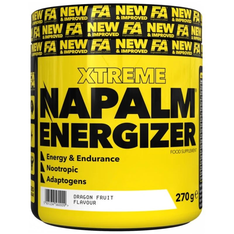 FA Xtreme Napalm Energizer 270g dragon fruit flavour pre-workout supplement with energy, endurance, nootropic, and adaptogen support in a bright yellow container.