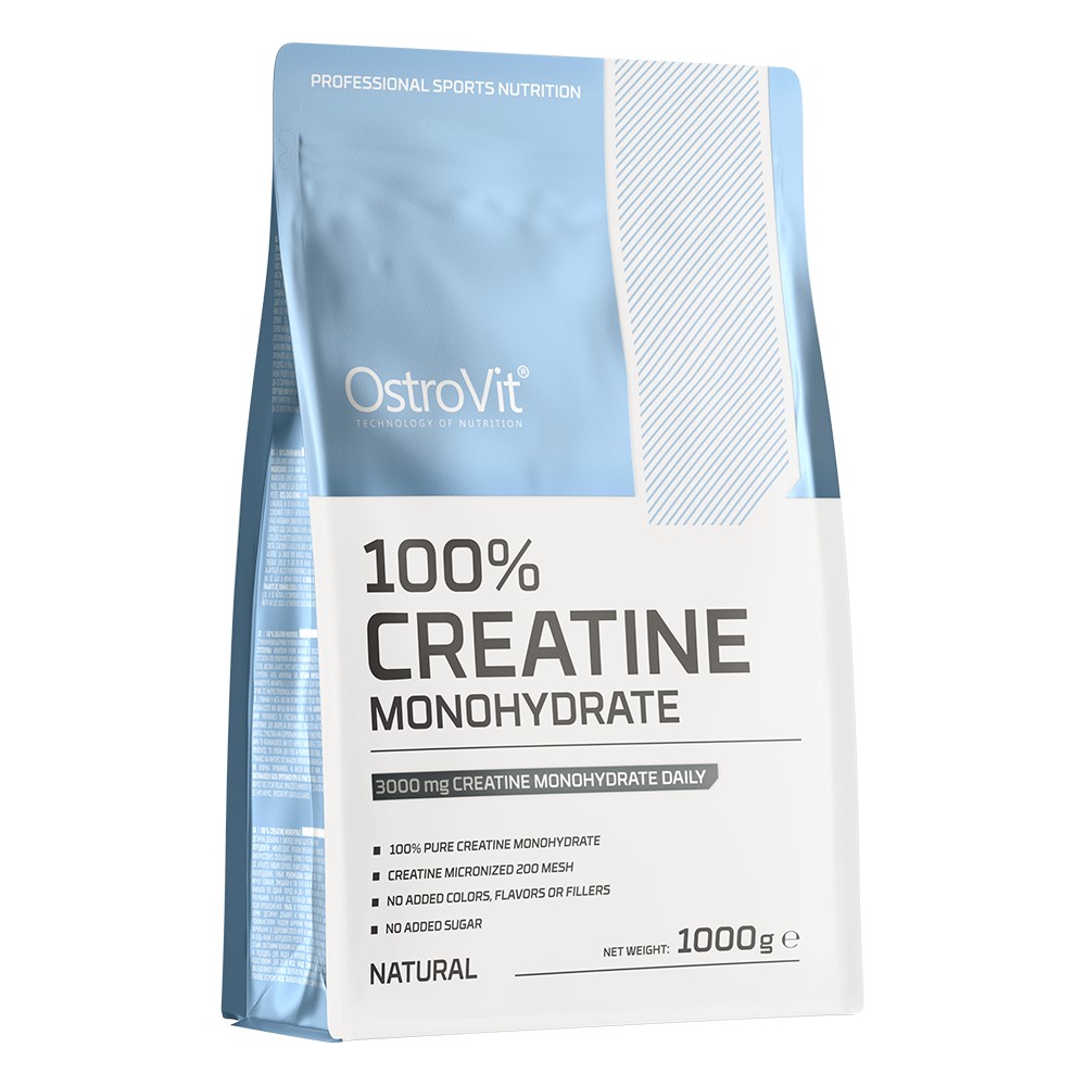 OstroVit 100% Creatine Monohydrate 1000g natural unflavoured supplement in a blue and white resealable pouch, micronized for better absorption, no added sugar or fillers.