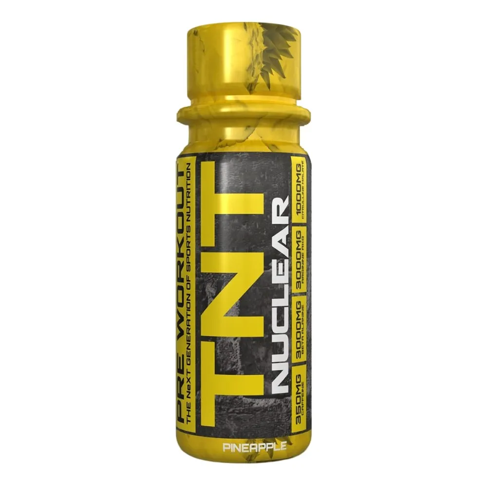 NXT Nutrition TNT Nuclear Shot pineapple flavour pre-workout supplement in a 60ml yellow and black bottle, designed for sports nutrition and energy boost.