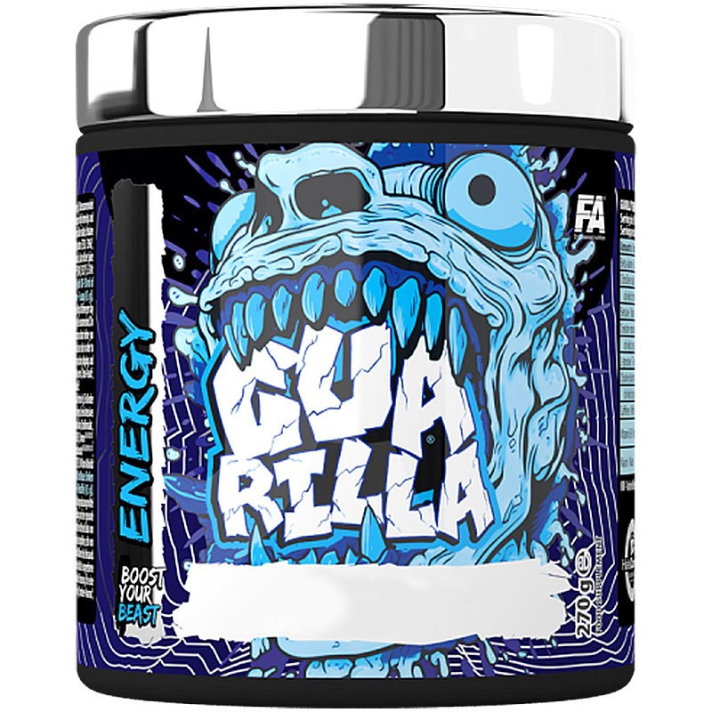 Guarilla Energy 270g pre-workout supplement in a branded container, typically with bold graphics and product details