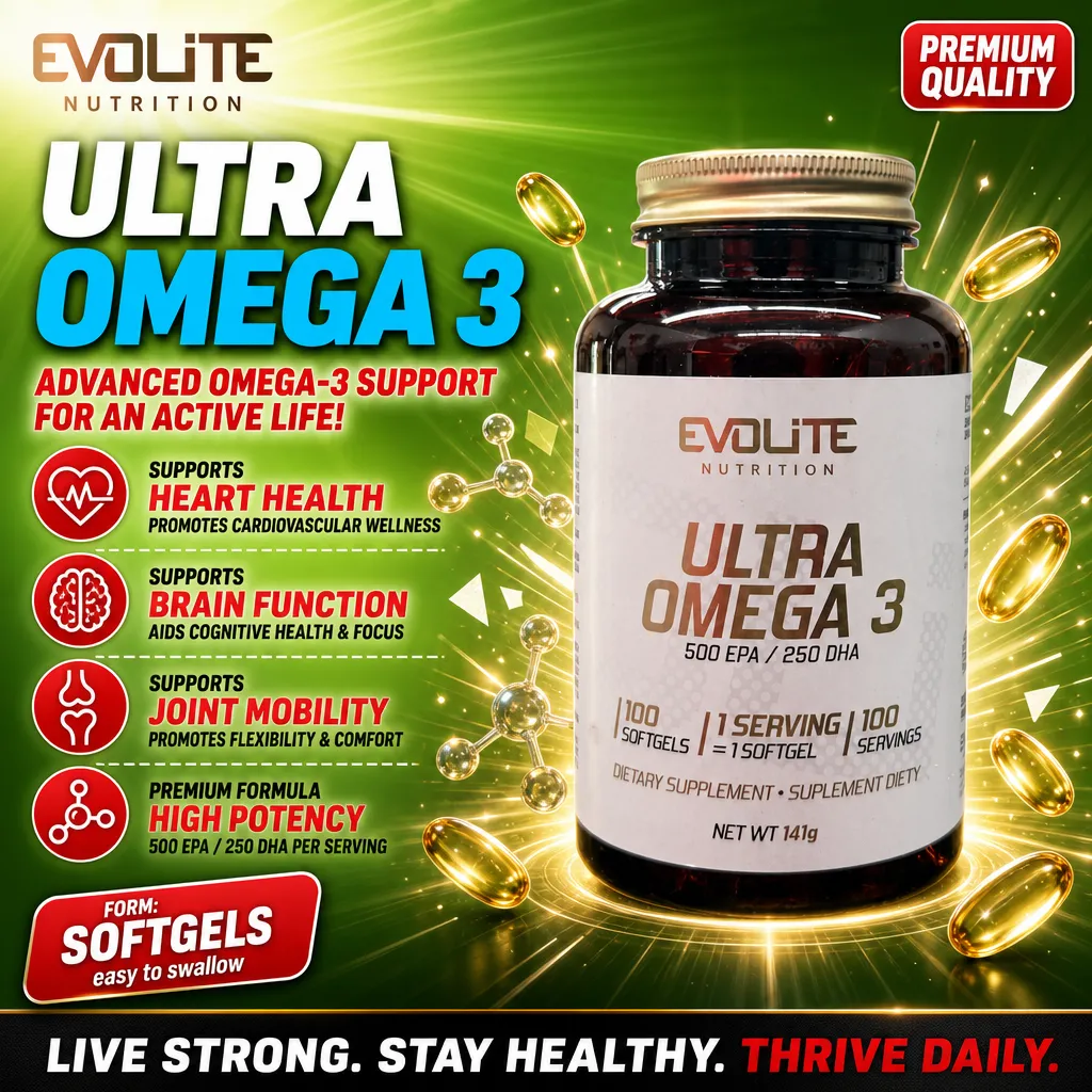 Evolite Ultra Omega 3 softgels, high potency omega-3 supplement with 500 EPA and 250 DHA per serving, 100 softgels bottle, dietary supplement for heart, brain, and joint health.