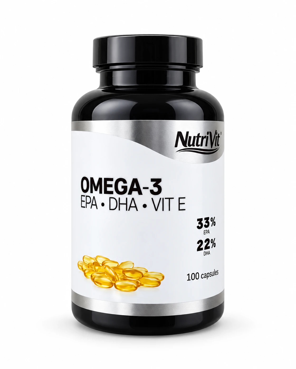 NutriVit Omega-3 EPA, DHA and vitamin E dietary supplement with 100 golden capsules.