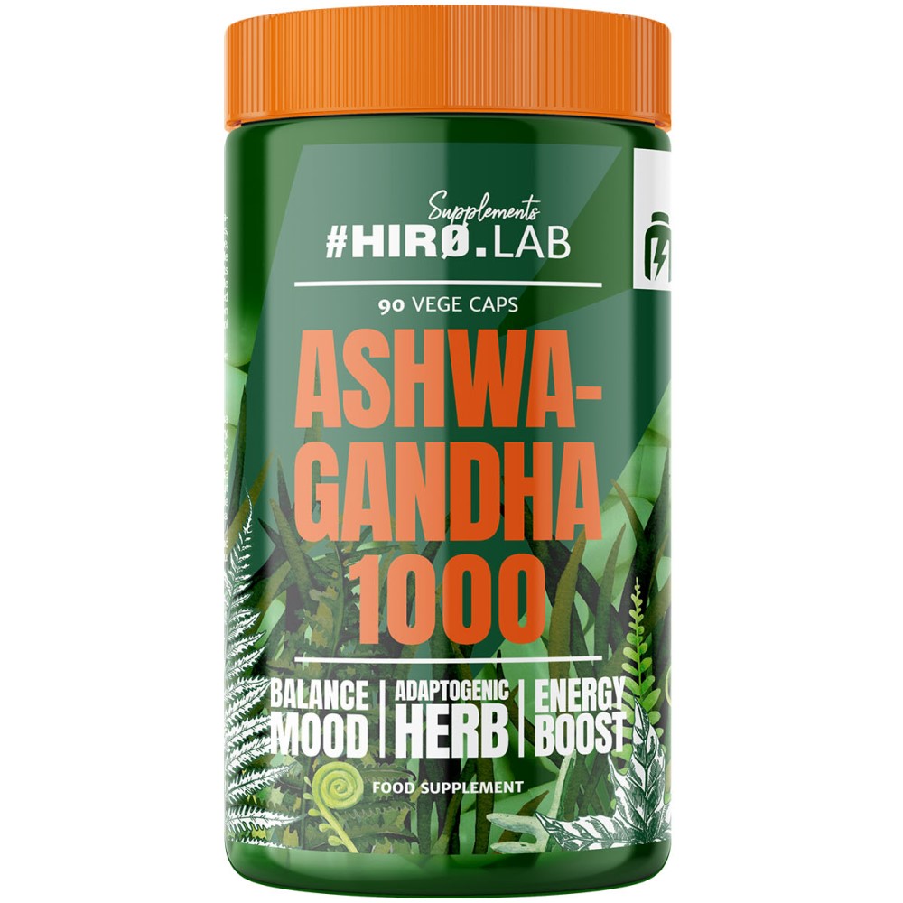 Hiro Lab Ashwagandha 1000 90 vege caps adaptogenic herb supplement in a green and orange container, designed for balance, mood, and energy boost.