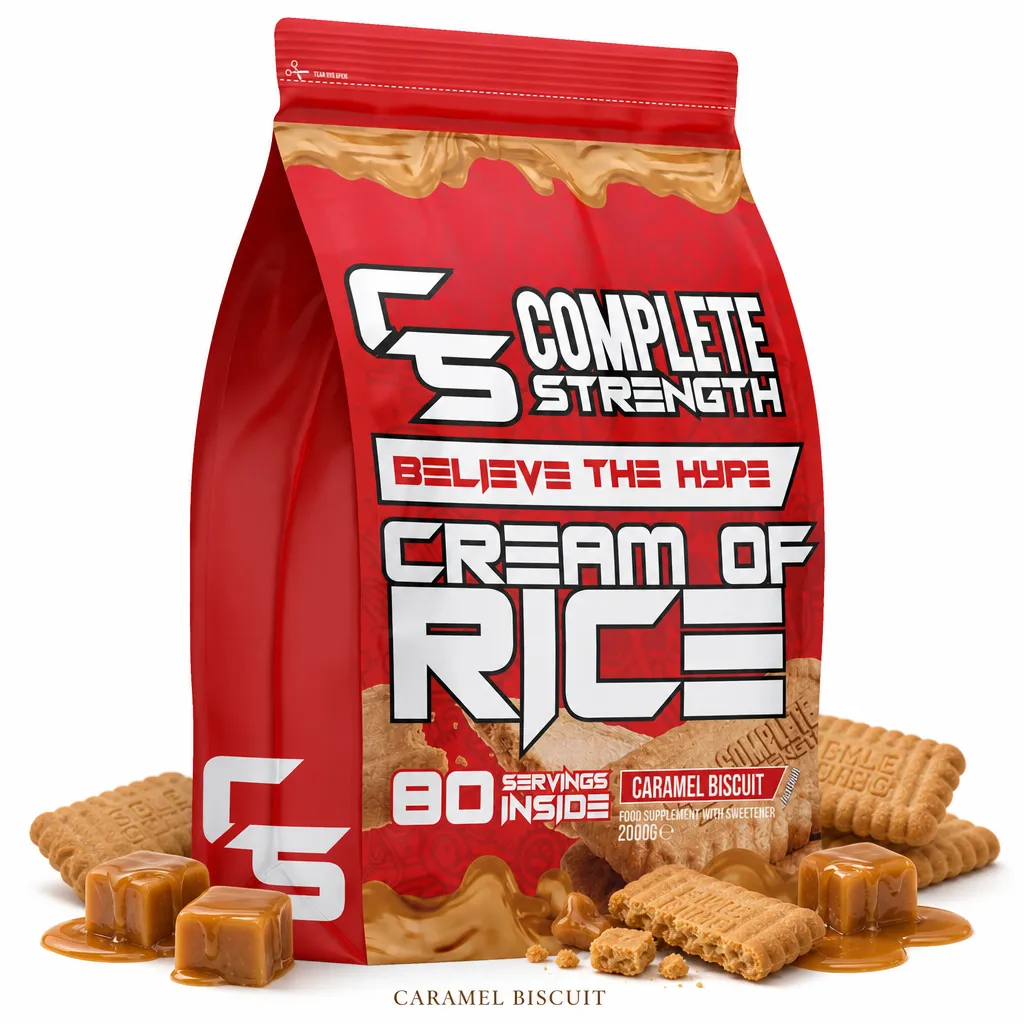 Complete Strength Cream of Rice 80 Servings Caramel Biscuit flavour, a gluten-free, easy-to-digest carbohydrate supplement for athletes, in a red pouch with caramel and biscuit imagery.
