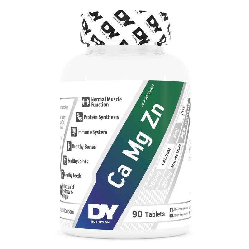 DY Nutrition Ca Mg Zn mineral supplement with calcium, magnesium, and zinc, 90 tablets, white bottle with blue and green label, supports muscle, bone, and immune health.