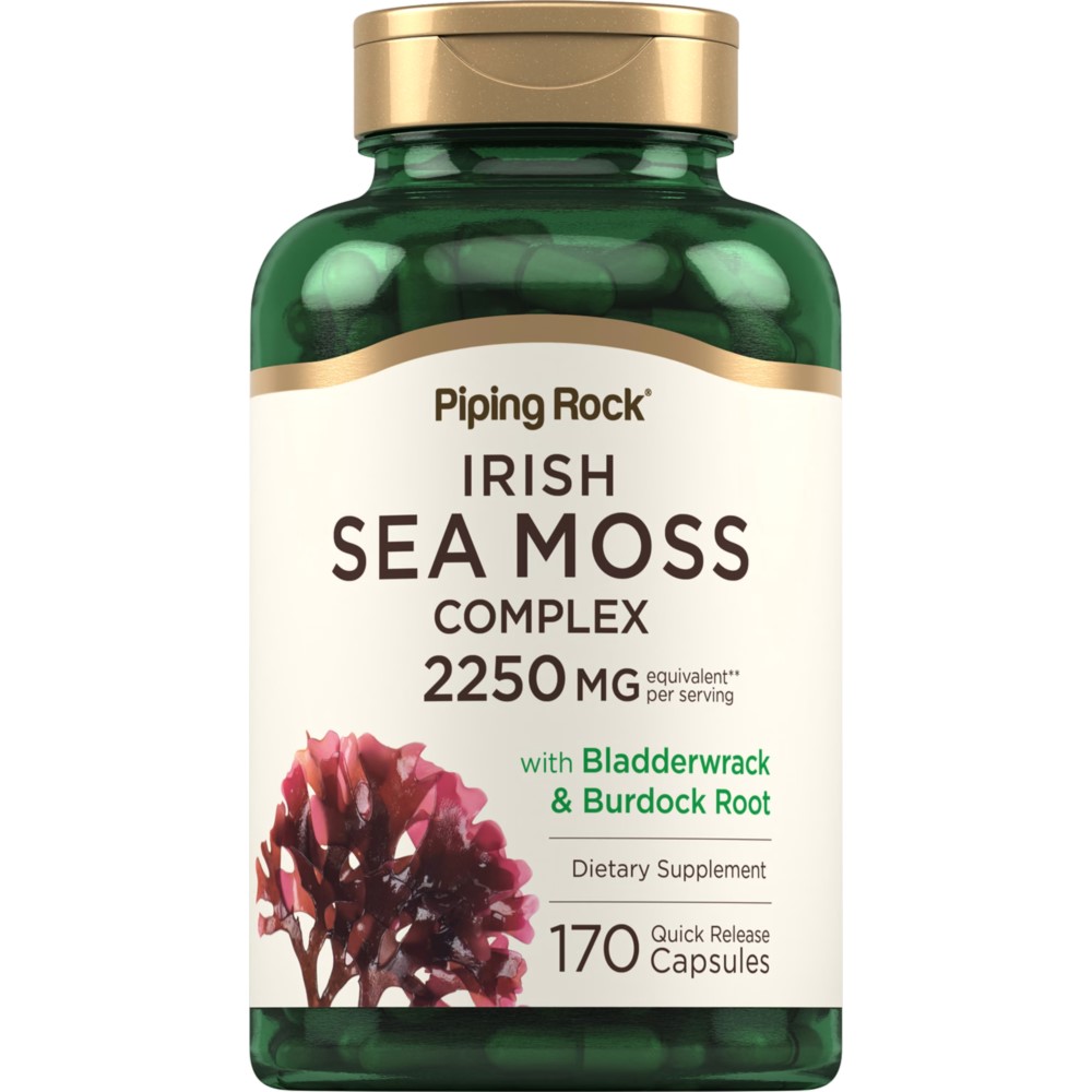 Piping Rock Irish Sea Moss Complex 2250mg with Bladderwrack and Burdock Root, 170 quick release capsules in a green bottle dietary supplement.