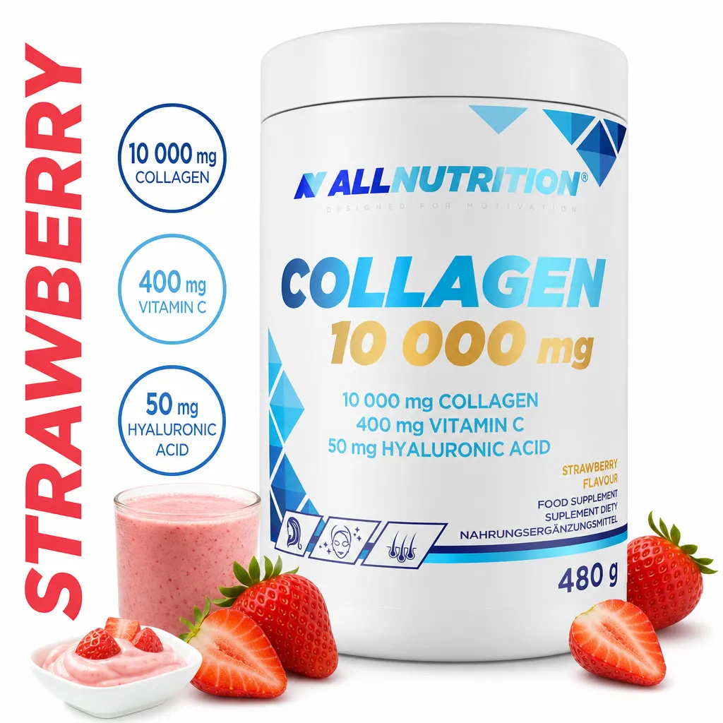 Allnutrition Collagen 10 000mg 480g hydrolysed collagen powder with strawberry flavour, vitamin C and hyaluronic acid