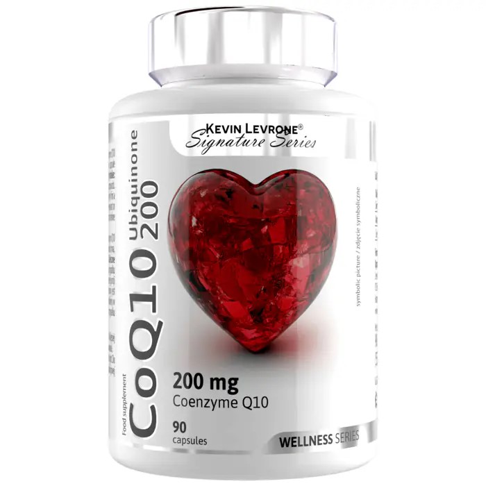 Kevin Levrone CoQ10 Ubiquinone 200mg supplement, 90 capsules, from the Wellness Series, featuring coenzyme Q10 for heart health, white bottle with red heart graphic.
