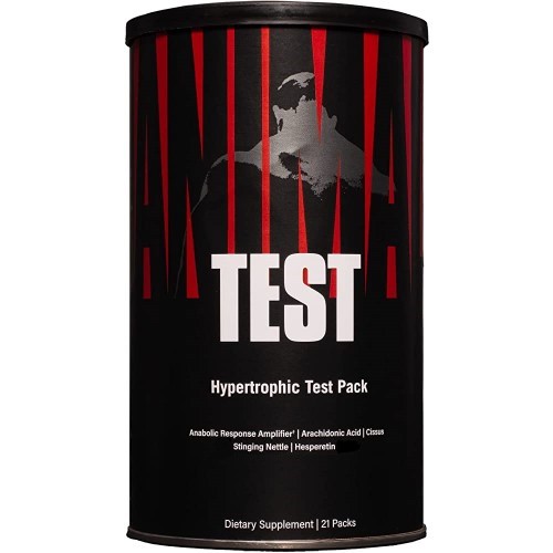 Universal Nutrition Animal Test hypertrophic test pack, a dietary supplement for anabolic response, in a black cylindrical container with red and white text, 21 packs included.