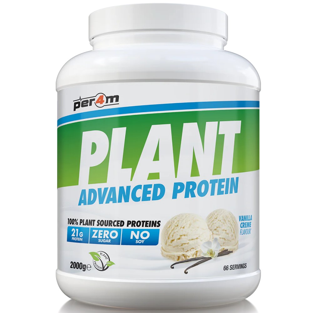 Per4m Plant Advanced Protein 2000g vanilla creme flavour plant-based protein powder with 21g protein per serving, zero sugar, and no soy, in a white and green tub.