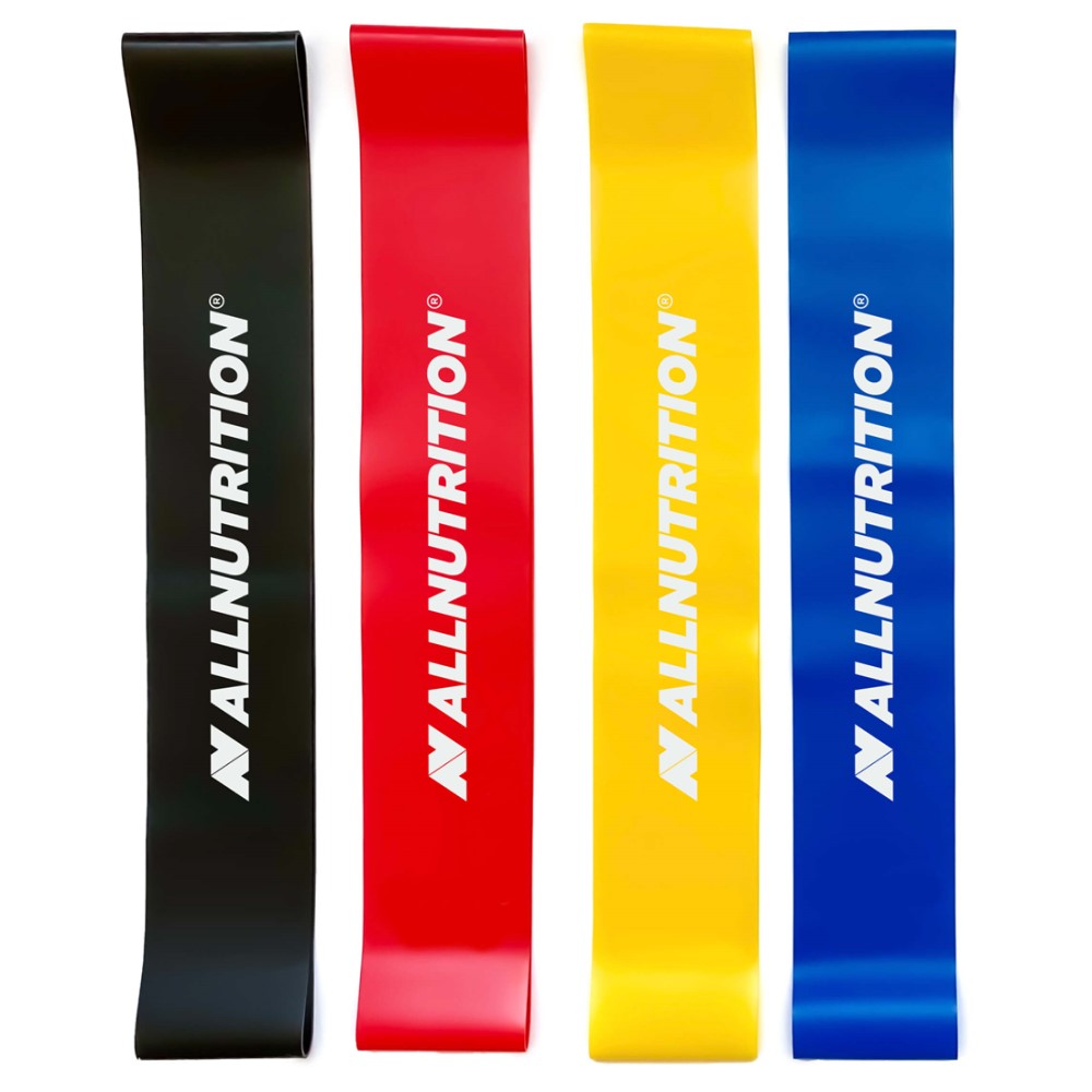 Allnutrition Mini Band Set 4pcs resistance bands in black, red, yellow, and blue, suitable for fitness and strength training exercises.