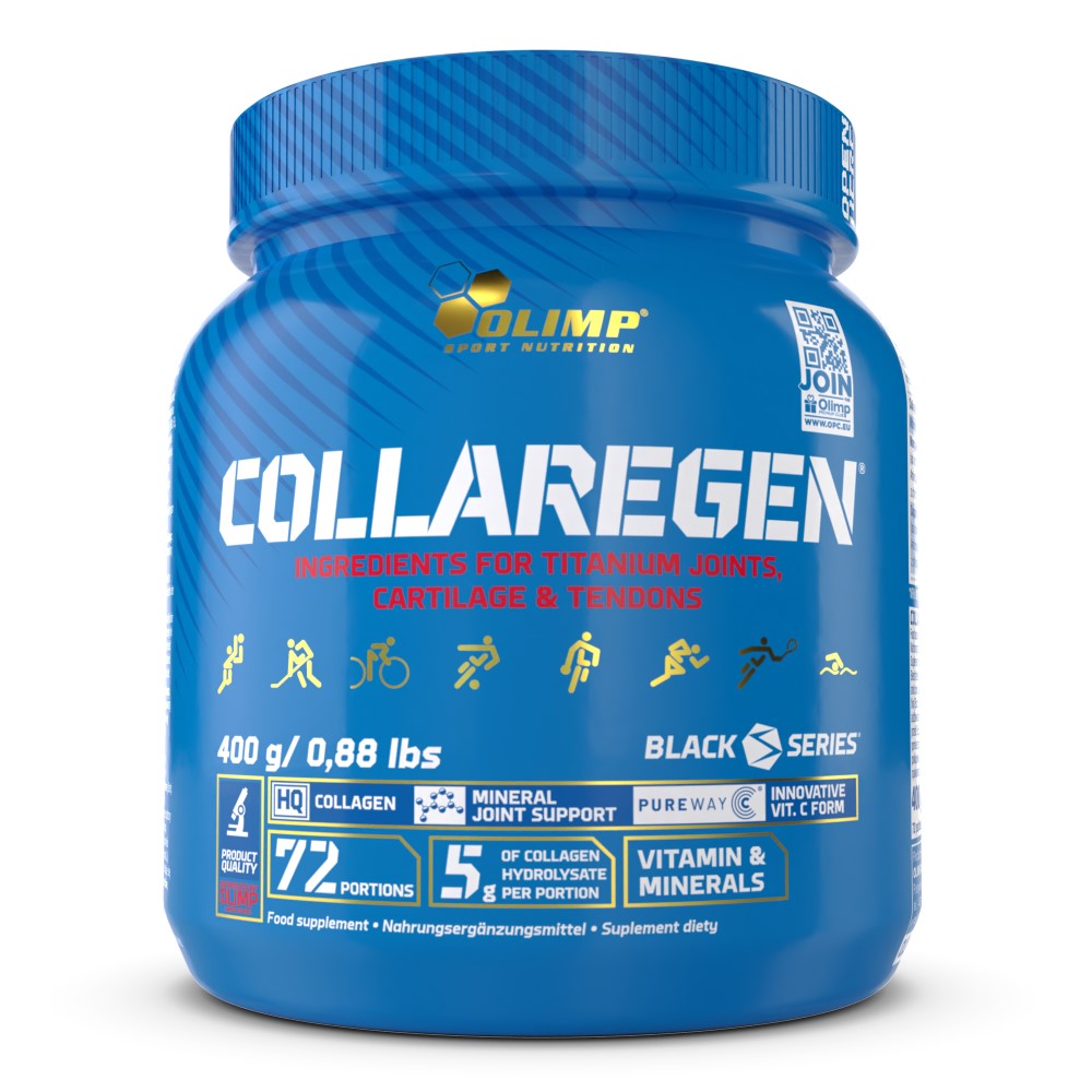 Olimp Collaregen 400g collagen supplement powder in a white and blue Olimp Nutrition container