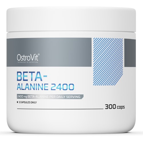 OstroVit Beta-Alanine 2400 300 caps dietary supplement, 2400 mg beta-alanine per daily serving, white container with blue and grey accents.