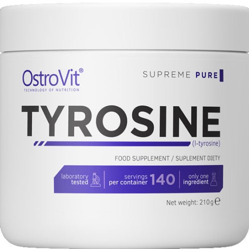 OstroVit Tyrosine 210g unflavoured amino acid supplement, Supreme Pure line, with 140 servings per container, laboratory tested, in a white and purple tub.