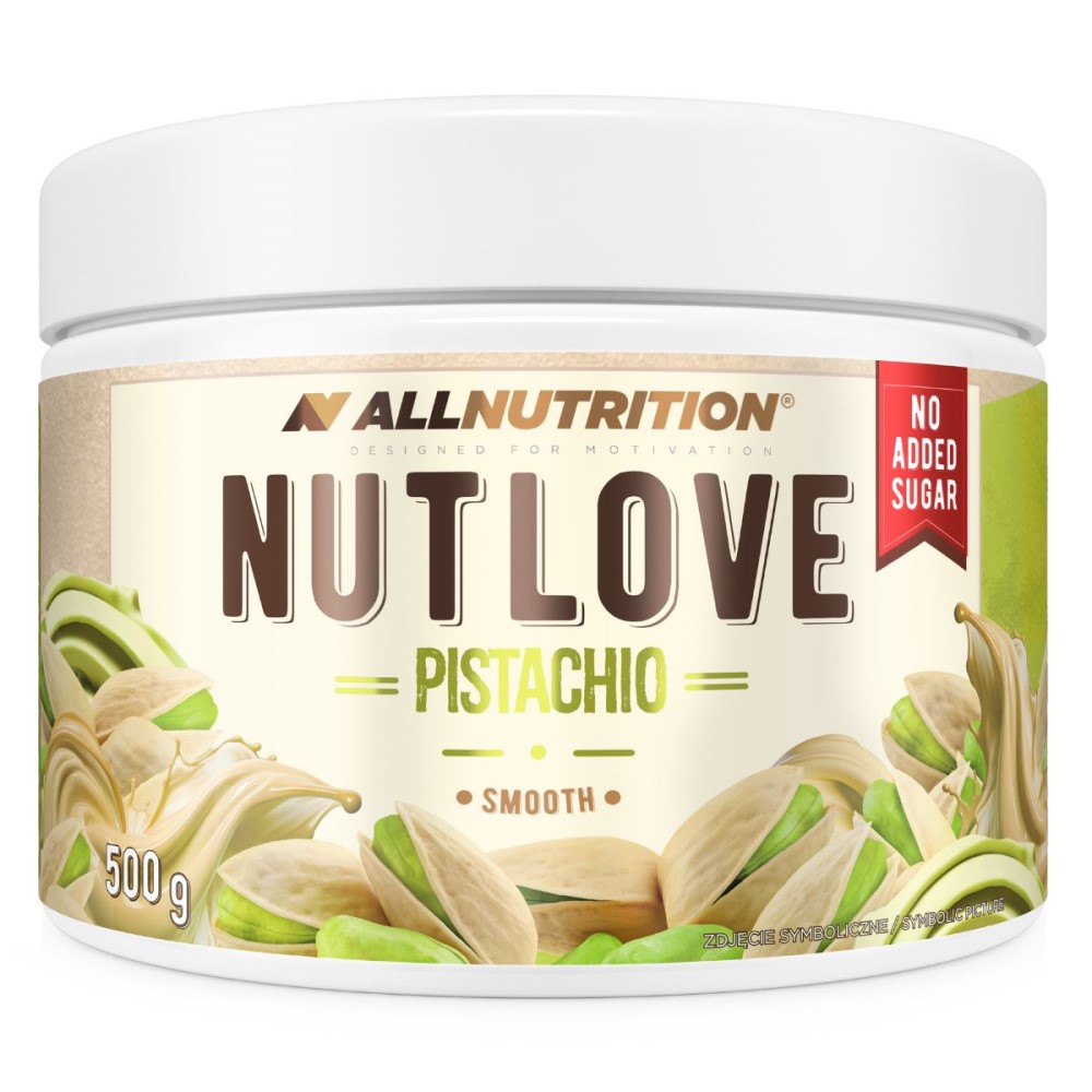 Allnutrition Nutlove Pistachio Smooth 500g pistachio spread with no added sugar, creamy texture, and pistachio flavor in a white tub.