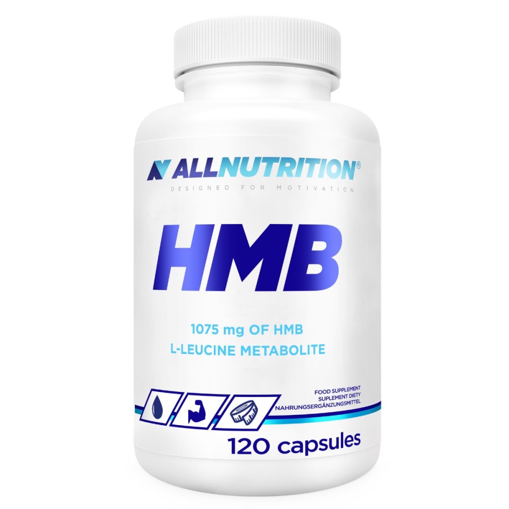 AllNutrition HMB 120 capsules, a dietary supplement containing 1075 mg of HMB per serving, designed as a leucine metabolite for muscle support, in a white bottle with blue accents.