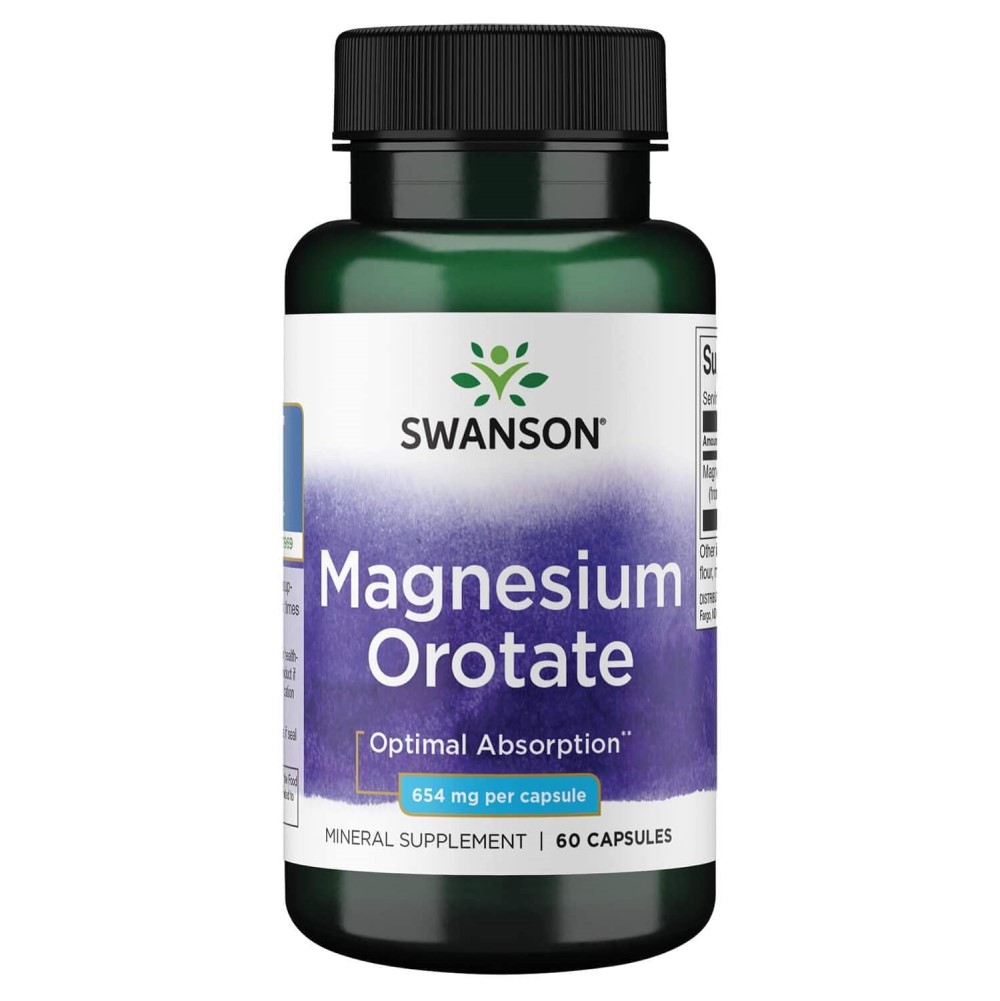 Swanson Magnesium Orotate mineral supplement, 60 capsules, designed for optimal absorption, with a green bottle and purple label.