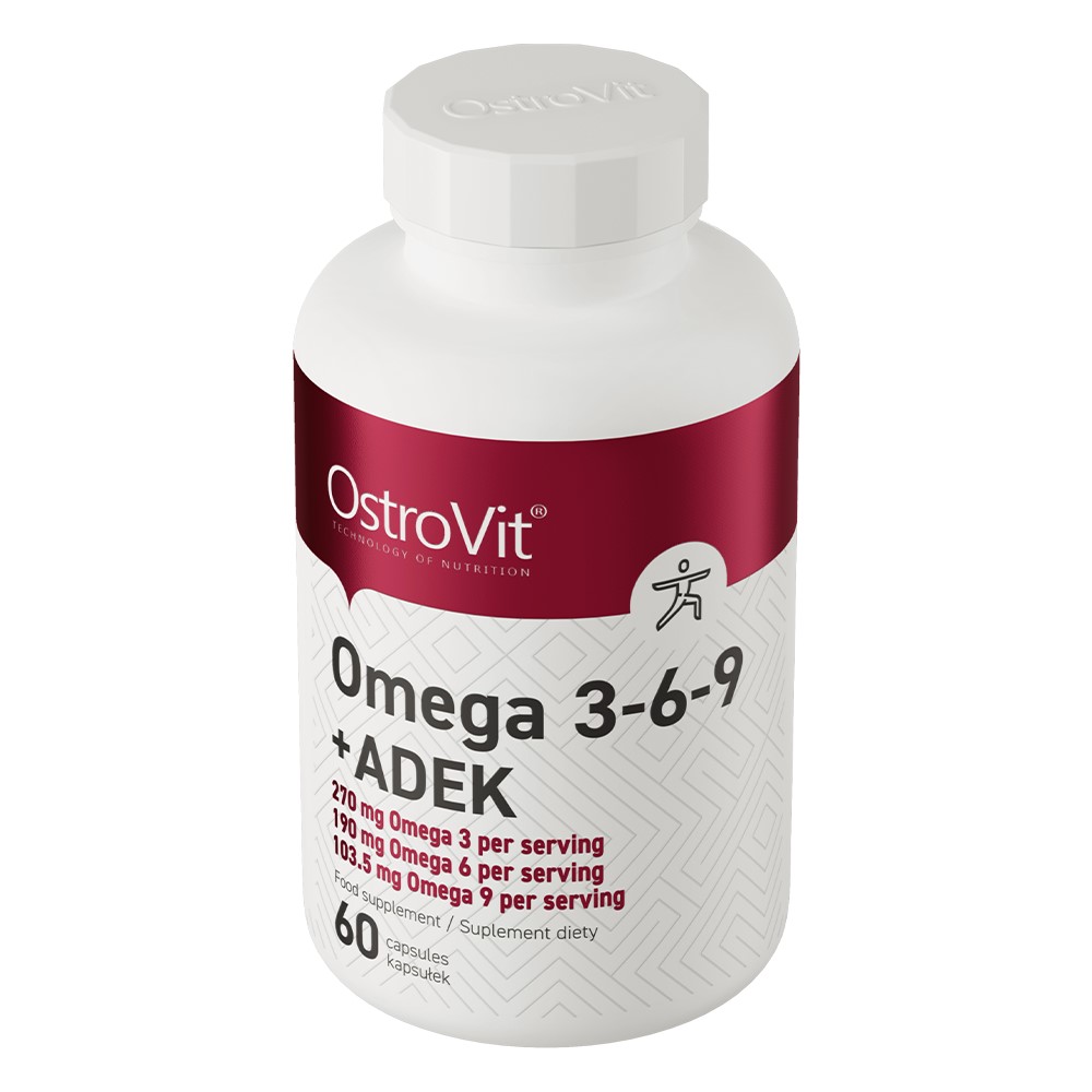 OstroVit Omega 3-6-9 + ADEK dietary supplement, 60 capsules, containing omega fatty acids and vitamins ADEK, in a white bottle with a maroon label.