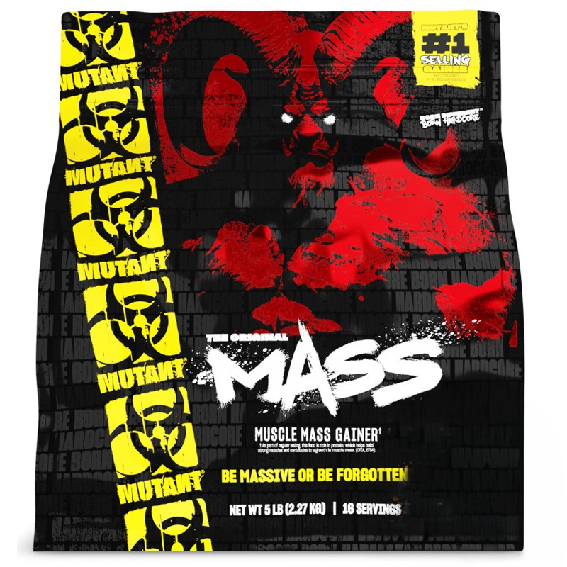 Mutant Mass Muscle Mass Gainer 2.27kg, high-calorie protein supplement for muscle growth, black and yellow packaging with red graphic design.