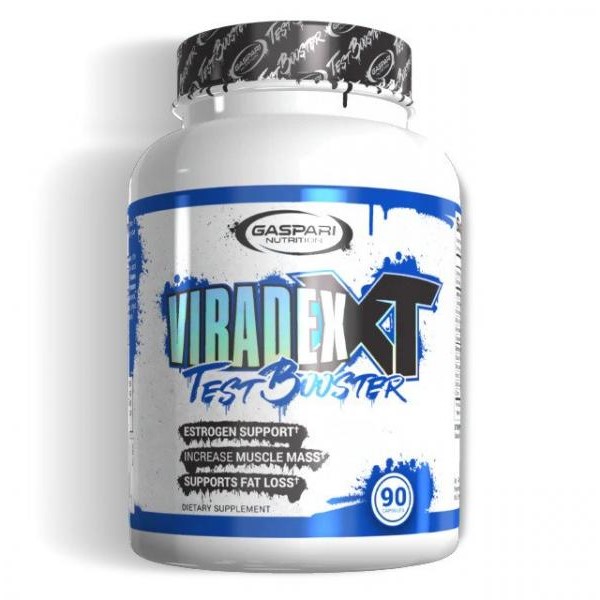 Gaspari Nutrition Viradex XT Test Booster, a dietary supplement for estrogen support, muscle mass increase, and fat loss, in a white and blue 90-capsule container.