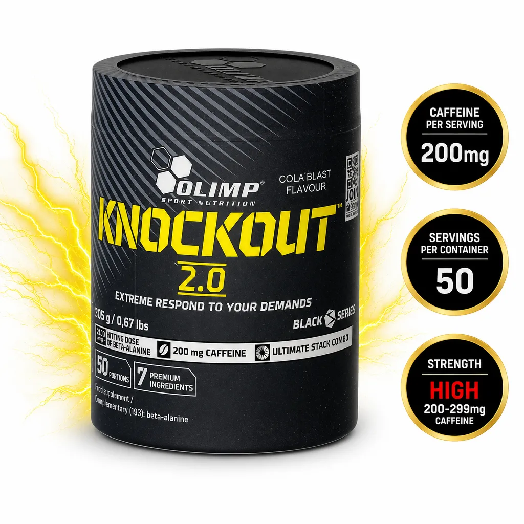 Olimp Knockout 2.0 305g pre-workout powder in Cola Blast flavour, with 200mg caffeine per serving and 50 servings