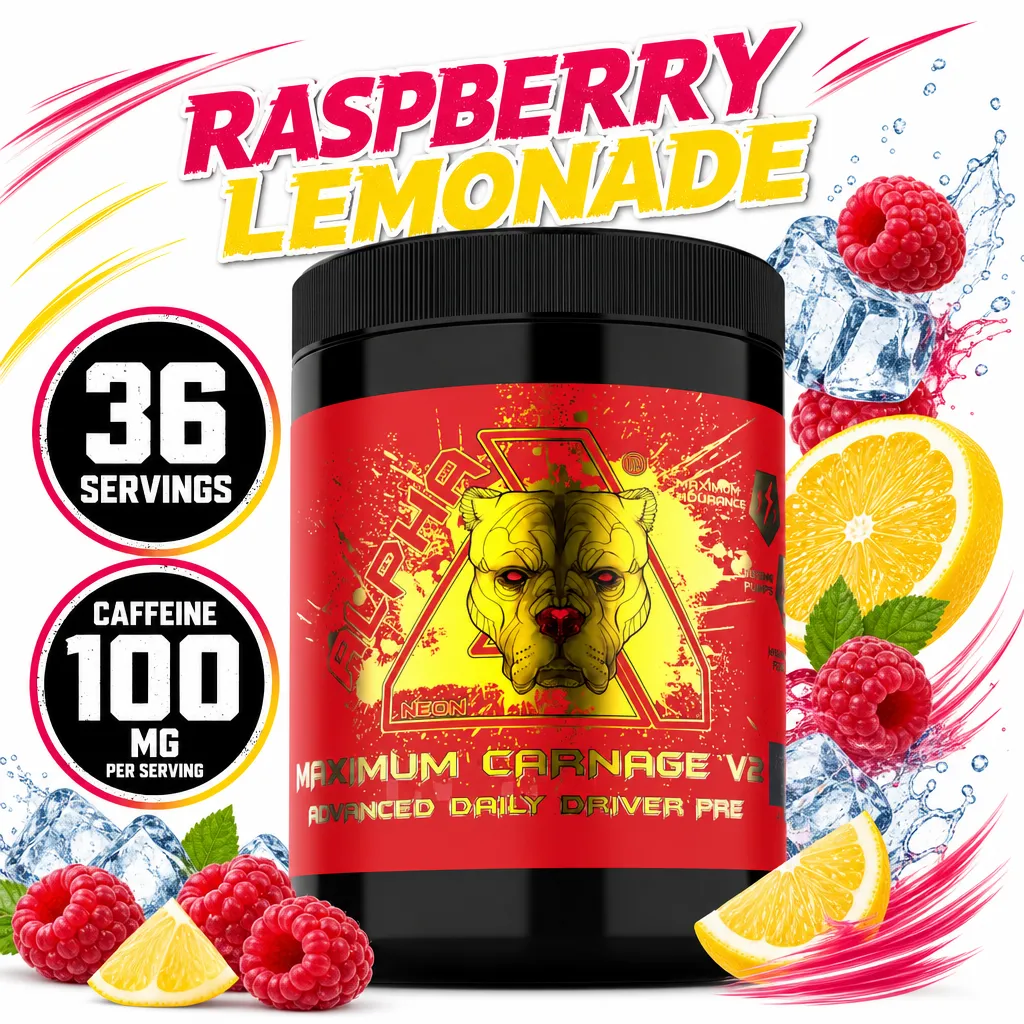 Alpha Neon Maximum Carnage V2 450g raspberry lemonade pre-workout powder in a black tub, with 36 servings and 100mg caffeine per serving.