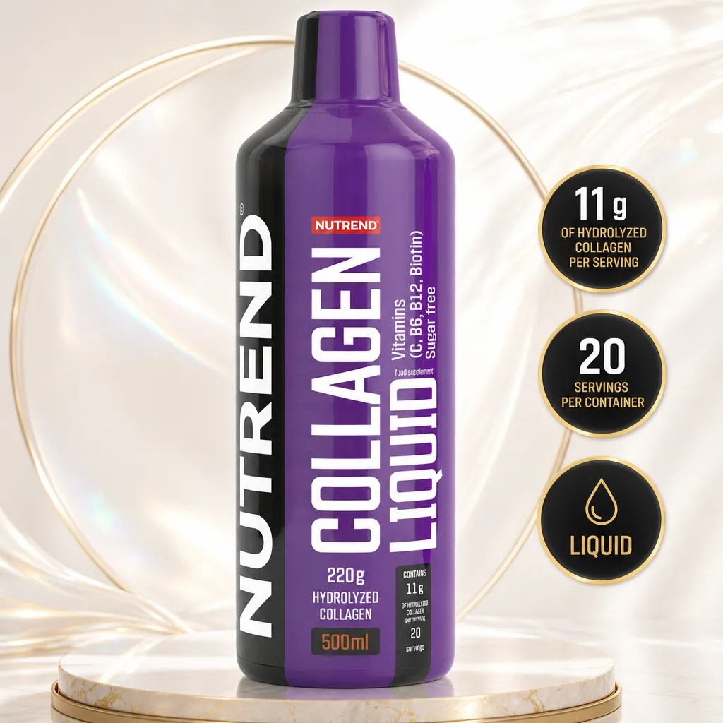 Nutrend Collagen Liquid 500ml hydrolysed collagen supplement in a purple liquid bottle with 11g collagen per serving