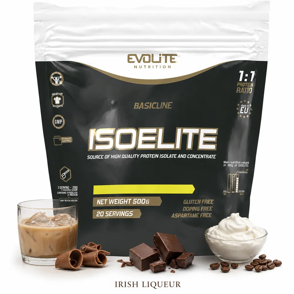 Evolite Nutrition IsoElite 500g whey protein powder, Irish Liqueur flavour, featuring a 1:1 blend of isolate and concentrate, gluten free, 20 servings.