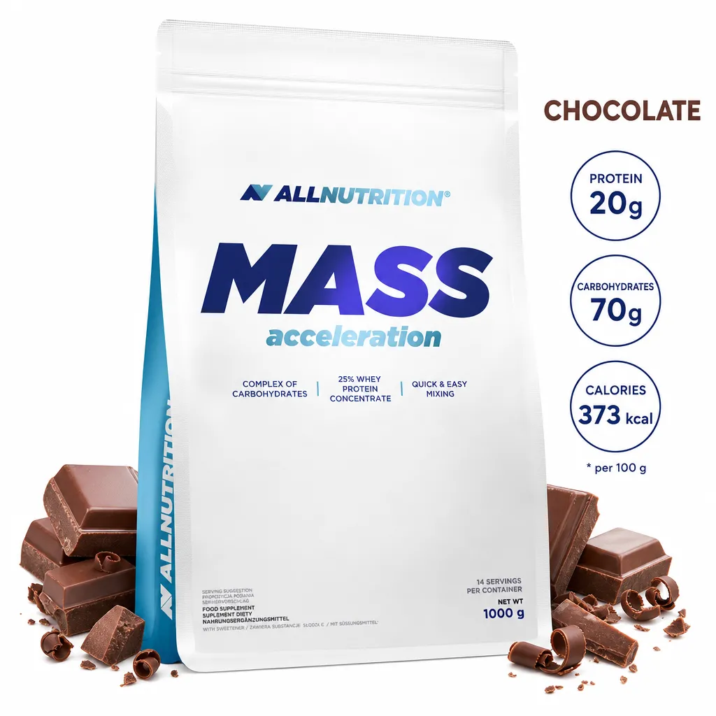 Allnutrition Mass Acceleration 1000g chocolate flavour mass gainer supplement with whey protein concentrate, complex carbohydrates, and 373 kcal per 100g.