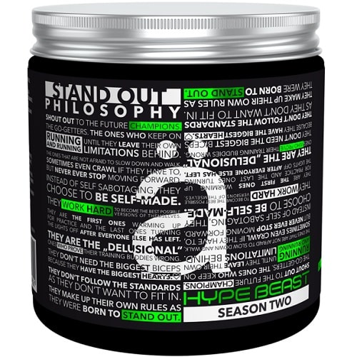 Nano Supps Hype Beast Season Two pre-workout supplement with motivational text design, black container, and green highlights.