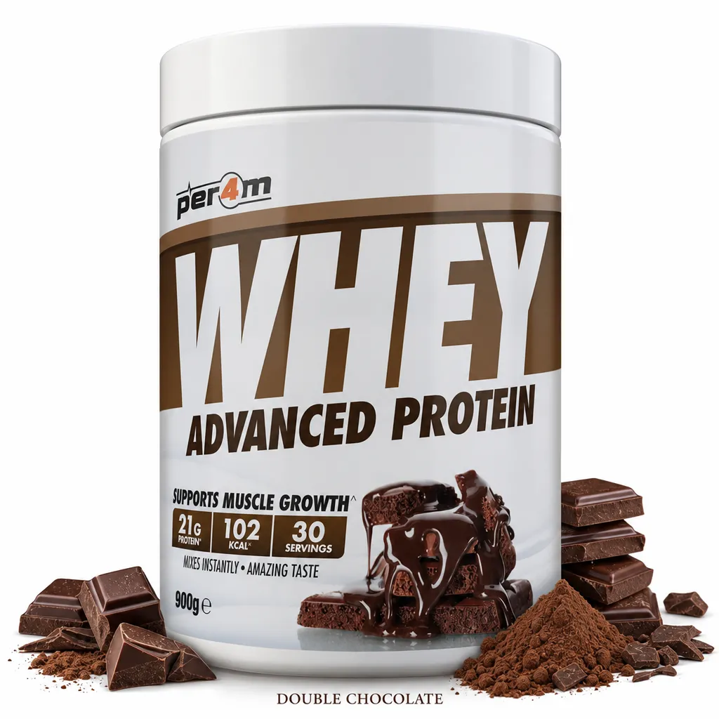 Per4m Whey Advanced Protein 900g Double Chocolate flavour, a high-protein whey supplement for muscle growth, shown in a white tub with chocolate imagery.
