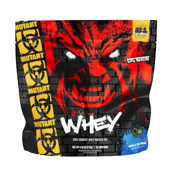 Mutant Whey 2270g Vanilla Ice Cream whey protein powder supplement in a bold black and red pouch with yellow accents and a graphic face design.