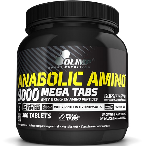 Olimp Anabolic Amino 9000 Mega Tabs, whey and chicken amino peptides supplement, 300 tablets, black container with yellow and white text.