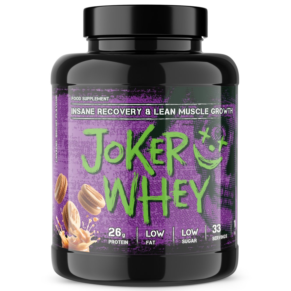 Joker Whey 1000g caramel biscuit flavour whey protein supplement with 26g protein per serving, low fat, low sugar, and 33 servings per container. The packaging is predominantly purple and black.