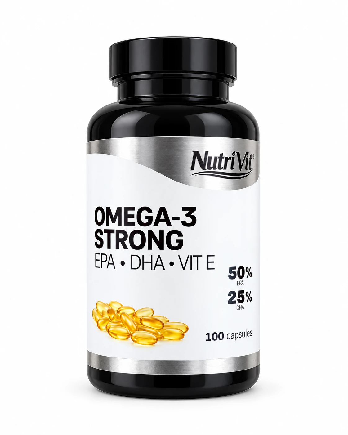 NutriVit Omega-3 Strong omega-3 supplement with EPA, DHA and vitamin E, 100 capsules in a black bottle.