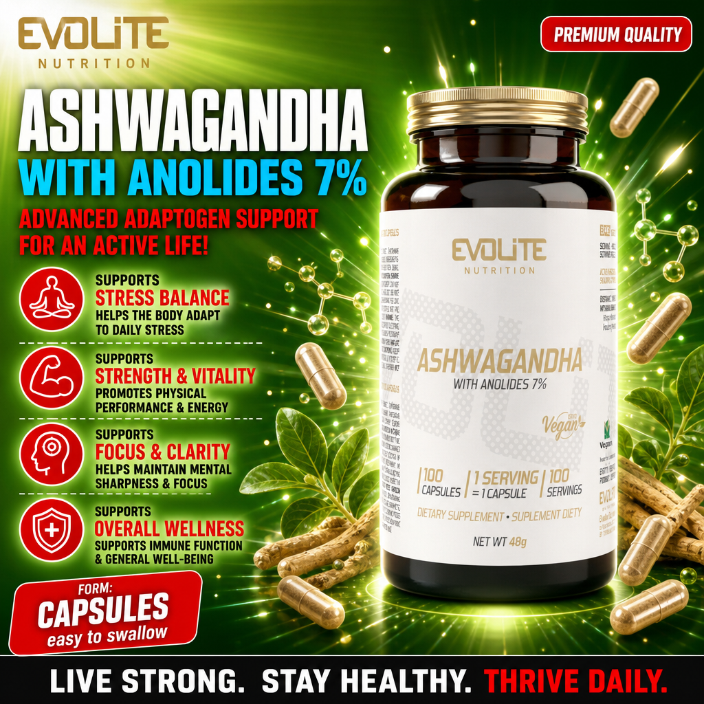 Evolite Ashwagandha With Anolides 7% vegan dietary supplement, 100 capsules, supports stress balance, strength, vitality, focus, and overall wellness. Dominant green background with supplement bottle and capsules.