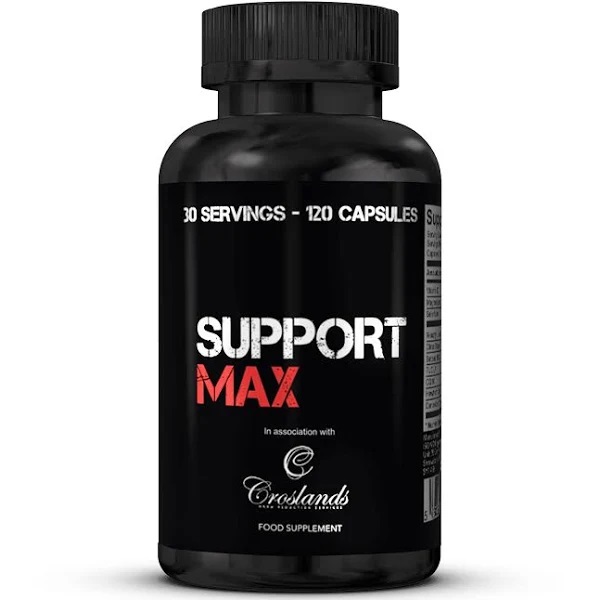 Strom Support Max 120 capsules food supplement, a health support formula in black bottle packaging, in association with Croslands.