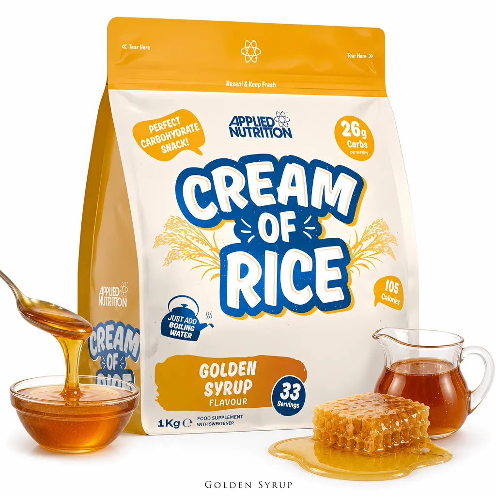Applied Nutrition Cream Of Rice 1000g Golden Syrup flavour, a gluten-free, vegan-friendly carbohydrate supplement with 26g carbs per serving, in a resealable pouch.