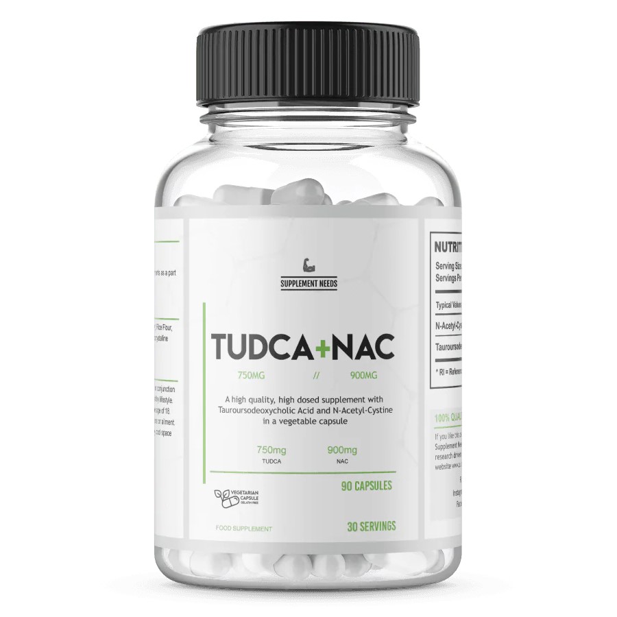 Supplement Needs TUDCA + NAC 90 capsules, a high-dosed supplement with 750mg Tauroursodeoxycholic Acid and 900mg N-Acetyl-Cysteine per serving, in a clear bottle with white capsules.