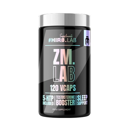 Hiro Lab ZM. LAB 120 Vcaps testosterone booster and sleep support supplement with 5-HTP, in a black bottle with pastel text.