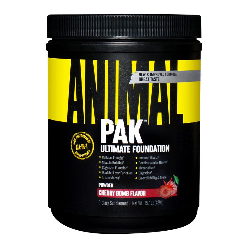 Universal Nutrition Animal Pak Ultimate Foundation powder in Cherry Bomb flavor, a high-performance all-in-one multivitamin dietary supplement, 429g black and yellow container.